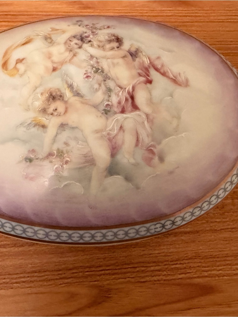 KPM Berlin Porcelain Cherub Trinket Box in Lavender, Pink, Cream